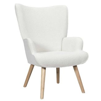 REGINA - Fauteuil de salon en tissu bouclette blanc pieds en bois d'hévéa