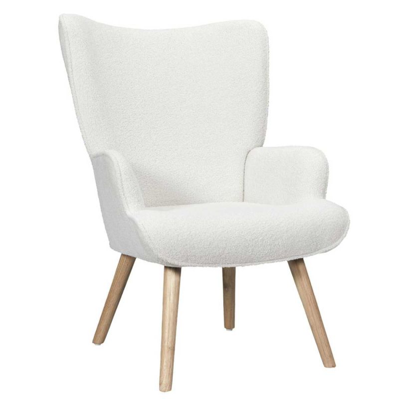 REGINA - Fauteuil de salon en tissu bouclette blanc pieds en bois d'hévéa REGINA - Fauteuil de salon en tissu bouclette blanc pieds en bois d'hévéa