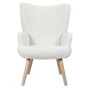 REGINA - Fauteuil de salon en tissu bouclette blanc pieds en bois d'hévéa