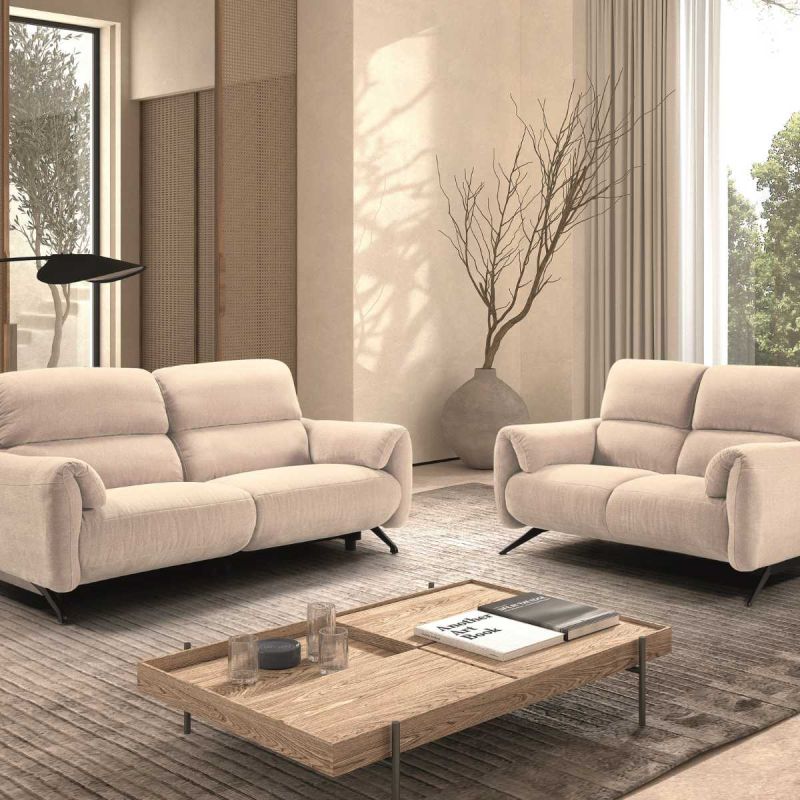 MALKO - Ensemble Canapé relax électrique + canapé fixe tissu polyester beige MALKO - Ensemble Canapé relax électrique + canapé fixe tissu polyester beige