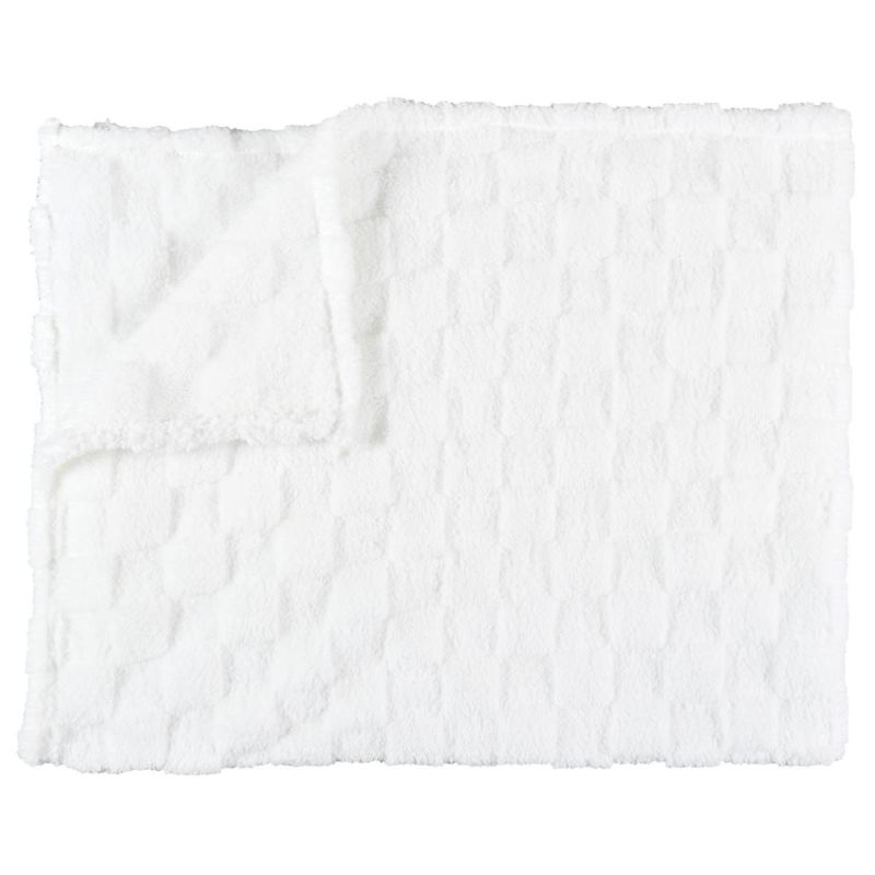 Plaid Flanelle Damier Blanc et Beige 120x150cm, Doux et Confortable, Lavable en Machine