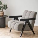 SIGNOR - Fauteuil vintage tissu beige accoudoirs et pieds en bois teinté wengé