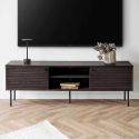 LOWAN - Meuble TV 2 Niches 2 Portes Effet Tasseaux Teinté Chêne Foncé