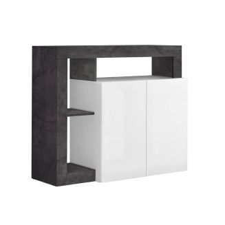 ARTURO - Buffet 2 Portes Blanc Laqué Encadrement Niches Aspect Gris Oxyde