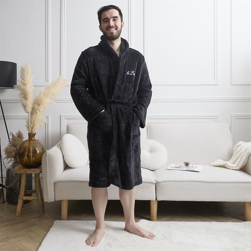 Robe de chambre polaire noire pour homme avec broderie "Le Boss"