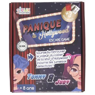 Jeu d'évasion escape game sur le thème "panique à hollywood" en carton multicolore