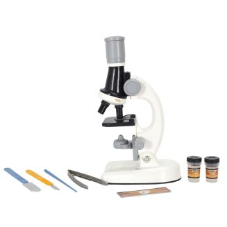 Microscope enfant en plastique blanc et noir avec ses accessoires scientifiques