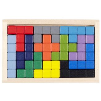 Jeu d'assemblage géométrique multicolore avec son support en bois