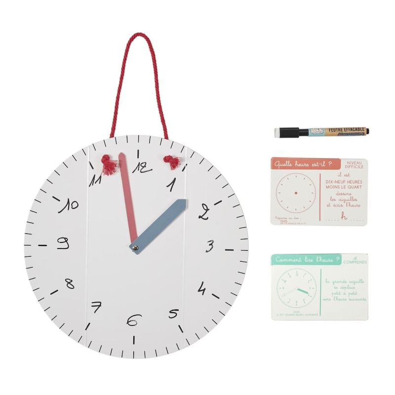 Jeu éducatif pour apprendre l'heure avec horloge, 24 cartes explicatives et feutre effaçable