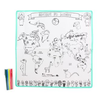 Carte du monde à colorier lavable (50x50 cm) avec 5 feutres