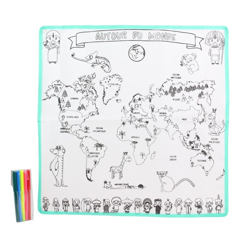 Carte du monde à colorier lavable (50x50 cm) avec 5 feutres Carte du monde à colorier lavable (50x50 cm) avec 5 feutres