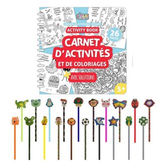 Kit créatif comprenant un cahier d’activités, 17 crayons de couleur, 3 crayons à papier et gommes