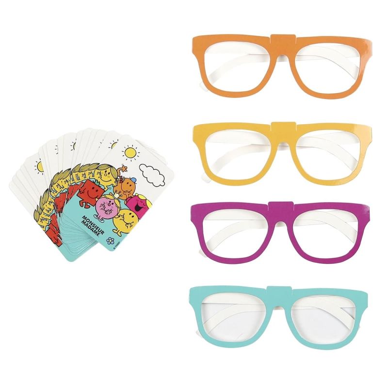 Jeu "Devine qui suis-je MR et MME" avec 16 cartes multicolores en carton et 4 paires de lunettes