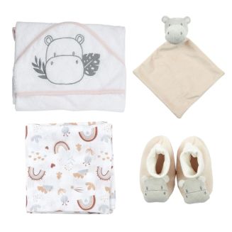 Coffret cadeau de naissance 4 pièces en coton sur le thème hippopotame