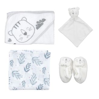 Coffret cadeau de naissance 4 pièces en coton sur le thème tigre
