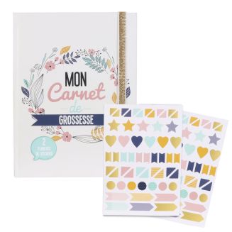 Carnet de grossesse blanc et doré de 52 pages et 2 planches de stickers