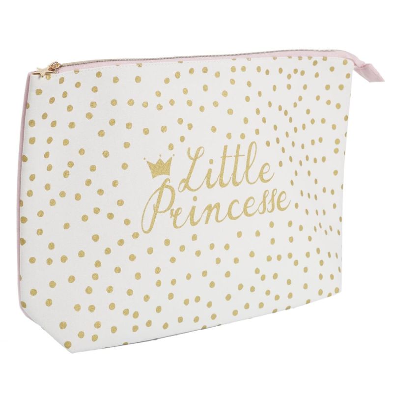 Trousse de toilette rectangulaire "Little Princesse" en coton blanc et doré zippée (36x24 cm)