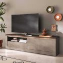 Meuble TV 2 portes aspect minéral bronze plateau bois Mercure avec LED - ISALIA BRONZE