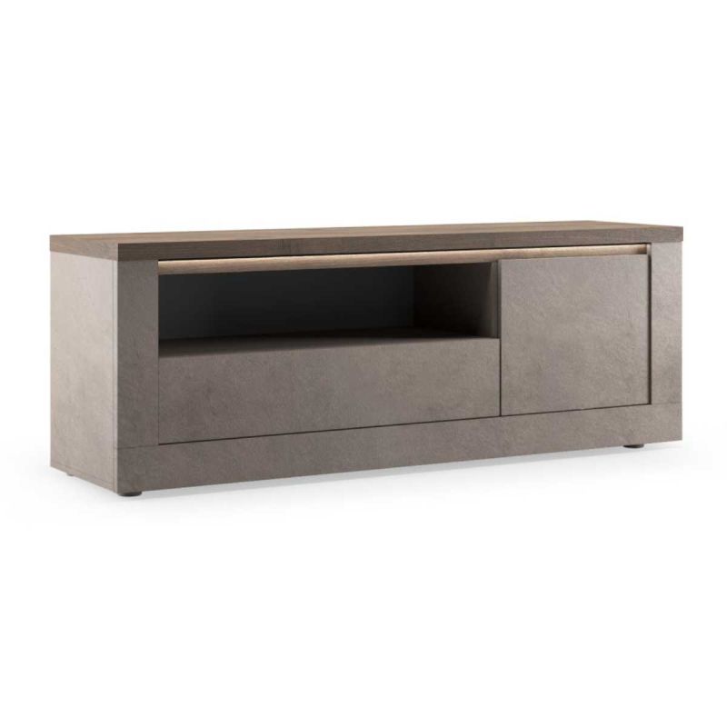 Meuble TV 1 porte aspect minéral bronze plateau bois Mercure avec LED - ISALIA BRONZE