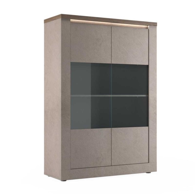 Vitrine 2 portes aspect minéral bronze plateau bois Mercure avec LED - ISALIA BRONZE
