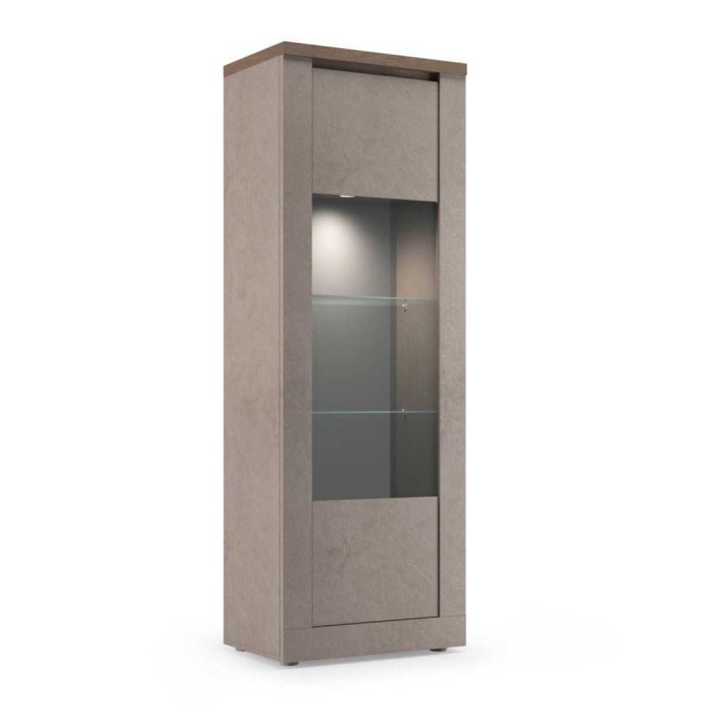 Vitrine 1 porte aspect minéral bronze plateau bois Mercure avec LED - ISALIA BRONZE
