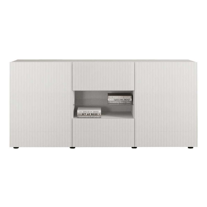 Buffet 2 portes 2 tiroirs blanc façades relief à stries verticales - JANEIRO BLANC