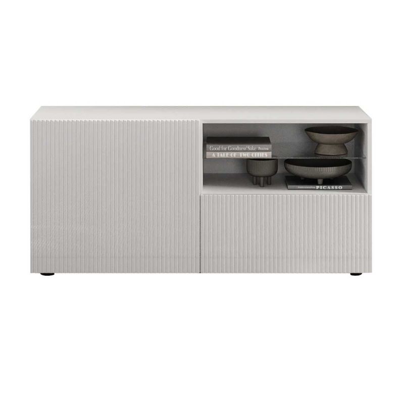 Meuble TV 1 porte 1 tiroir blanc façades relief à stries verticales - JANEIRO BLANC