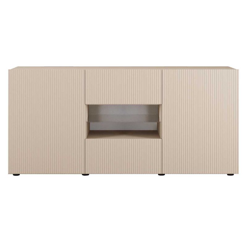 Buffet 2 portes 2 tiroirs beige façades relief à stries verticales - JANEIRO BEIGE