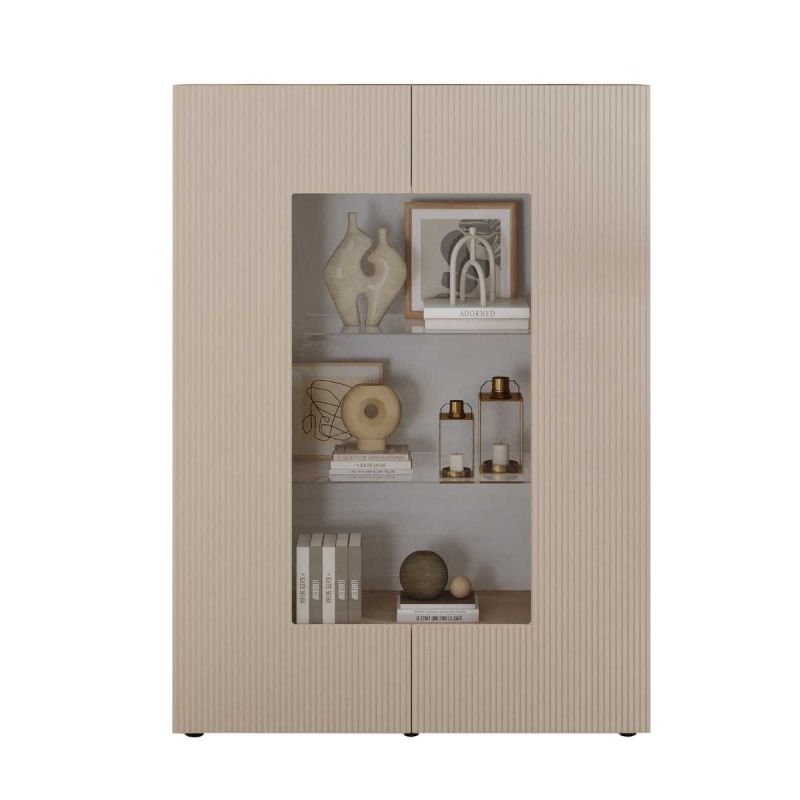 Vitrine 2 portes beige façades relief à stries verticales - JANEIRO BEIGE