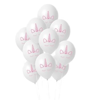 10 ballons blancs à motifs licorne (Ø18 cm)
