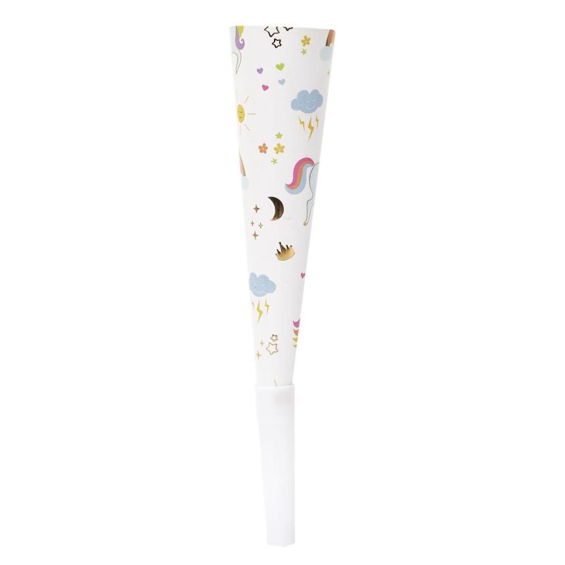6 trompettes de fête en papier blanc à motifs licorne