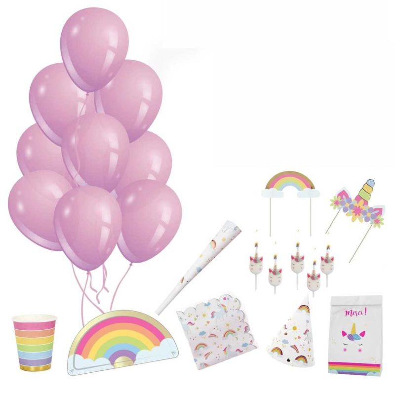 Kit festif de 54 accessoires d’anniversaire en papier blanc motifs licorne Kit festif de 54 accessoires d’anniversaire en papier blanc motifs licorne