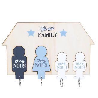 4 Porte-clés avec support mural décoratif "Famille" bleu & naturel