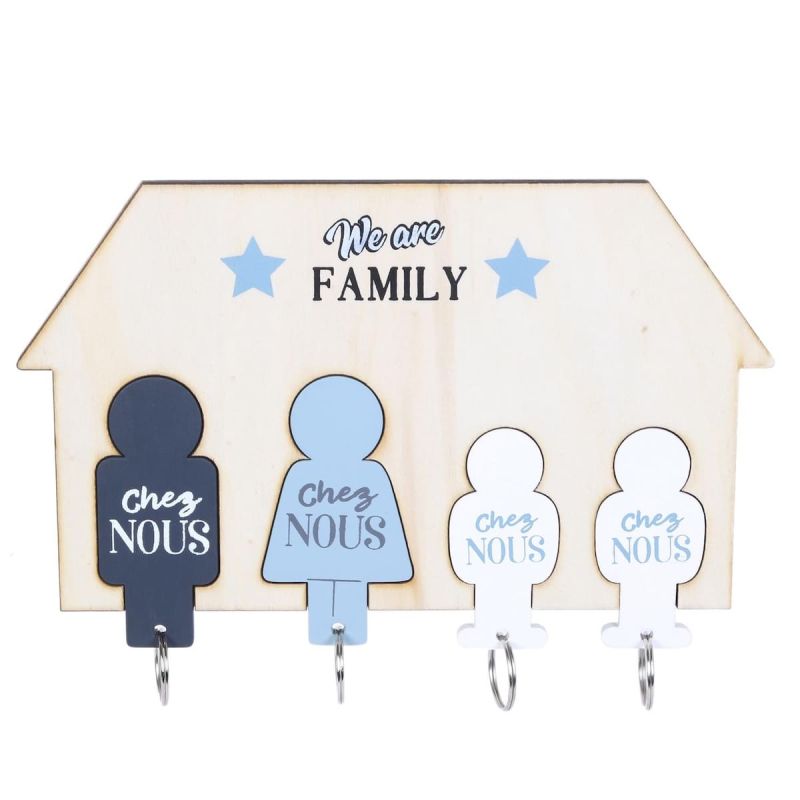 4 Porte-clés avec support mural décoratif "Famille" bleu & naturel