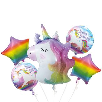 4 ballons en aluminium multicolores thème licorne