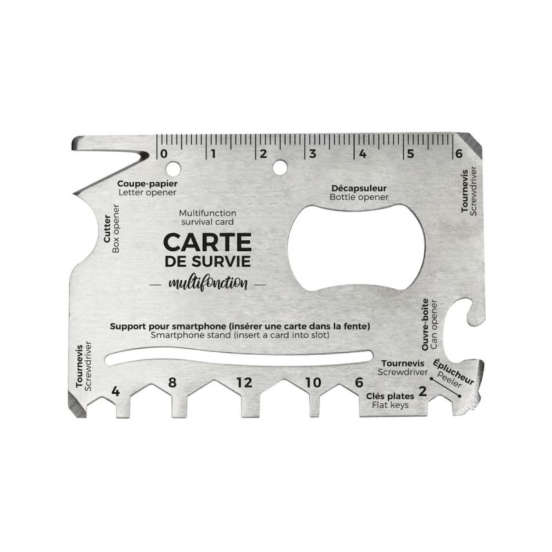 Carte de survie multifonction 16-en-1 en acier inoxydable argenté