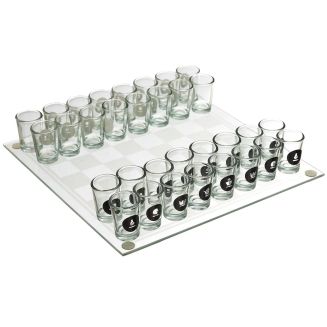 Jeu à boire d'échecs en verre avec son plateau et ses 32 verres shots