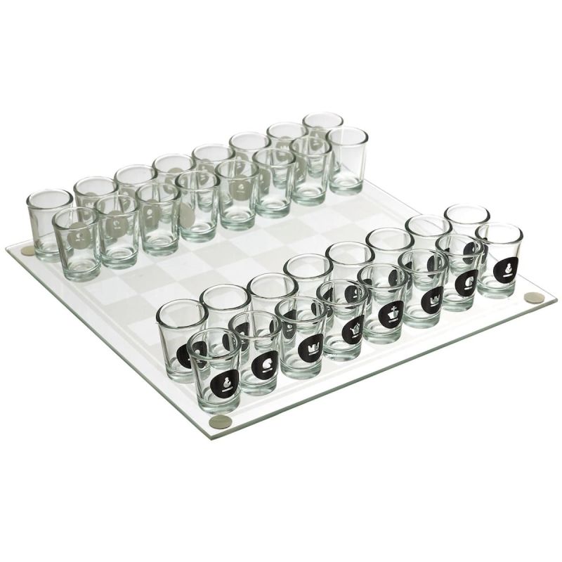 Jeu à boire d'échecs en verre avec son plateau et ses 32 verres shots