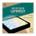Jeu de dame transparent avec pions verts et bleus et éclairage LED