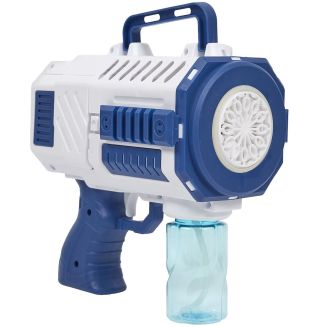 Pistolet à bulles à piles bleu et blanc avec plateau et tube de savon (75 ml)