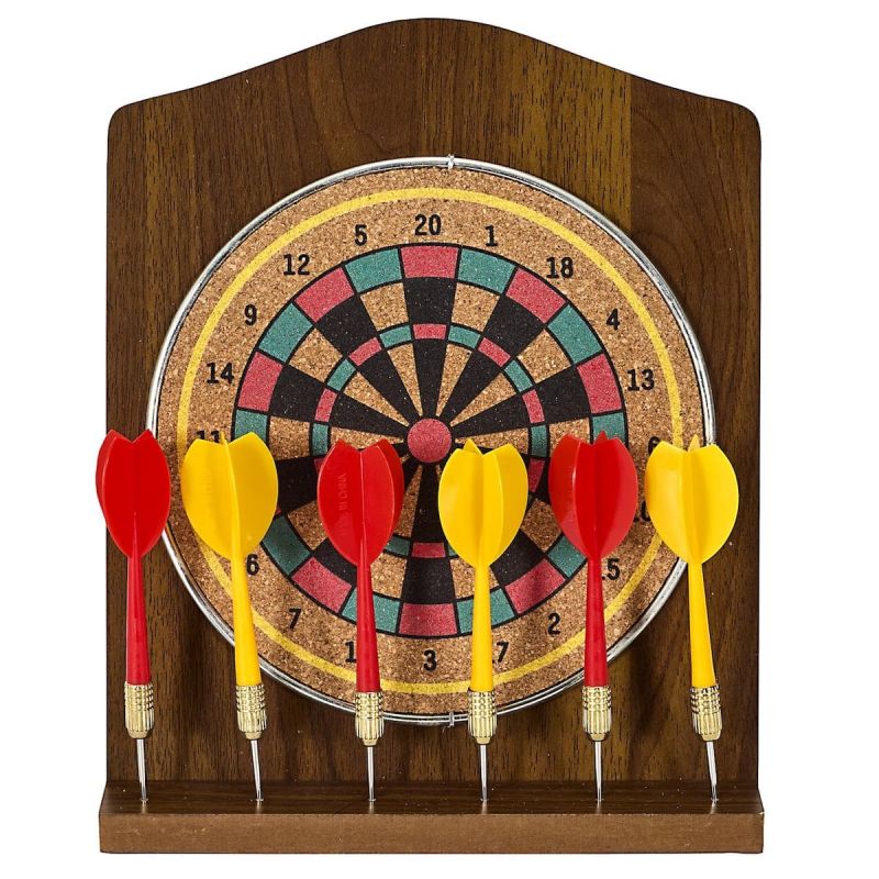 Jeu de fléchettes en bois sur pied avec ses 6 fléchettes jaunes et rouges incluses Jeu de fléchettes en bois sur pied avec ses 6 fléchettes jaunes et rouges incluses