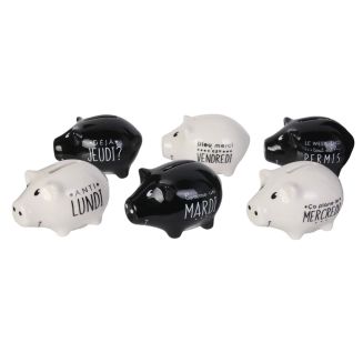 6 mini tirelires cochon semainier en céramique noire et blanche