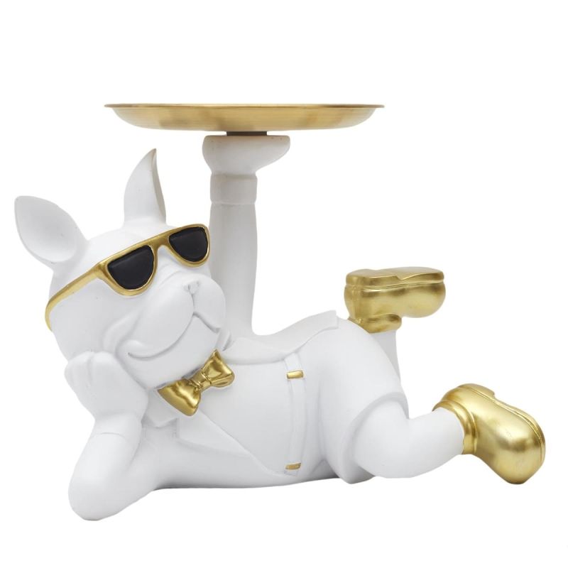 Vide-Poche bulldog couché blanc et or plateau servi Vide-Poche bulldog couché blanc et or plateau servi