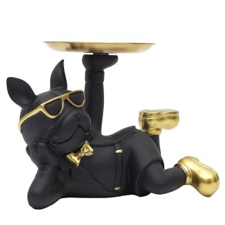 Vide-Poche bulldog couché noir et or plateau servi