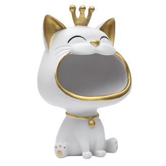 Vide-Poche chat bouche ouverte en polyrésine blanc et dorée