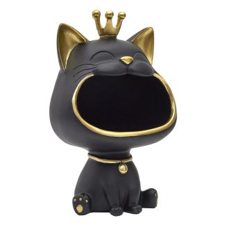 Vide-Poche chat bouche ouverte en polyrésine noir et dorée