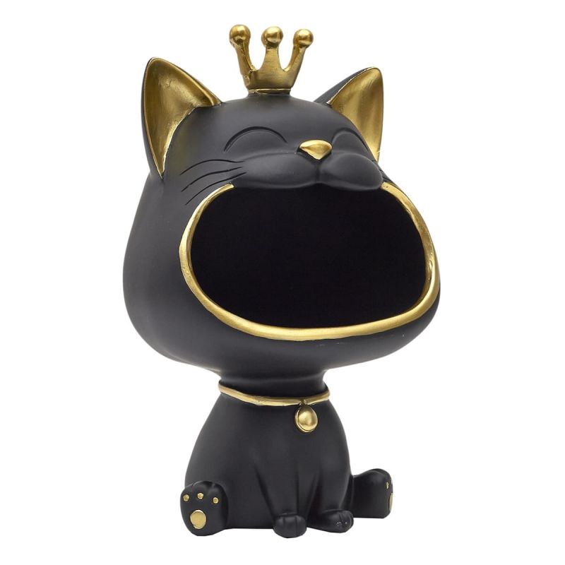 Vide-Poche chat bouche ouverte en polyrésine noir et dorée Vide-Poche chat bouche ouverte en polyrésine noir et dorée