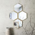 4 miroirs muraux décoratifs hexagone au contour doré en polypropylène