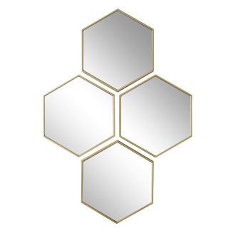 4 miroirs muraux décoratifs hexagone au contour doré en polypropylène