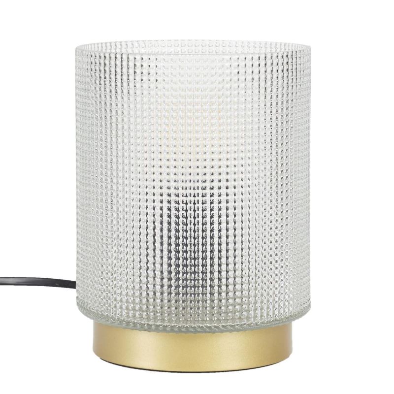 Lampe à poser en verre fumé embossé blanc socle doré